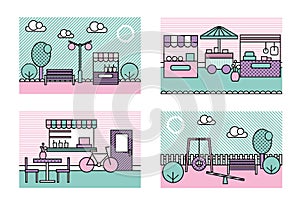 Stylized modern minimalistic vector city places illustrations. Park, playground, farmers market, street caffee.