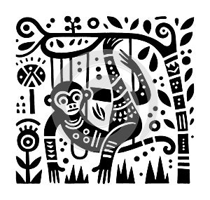 Stylized Monkey Illustration in Black and White with Jungle Elements