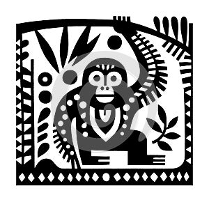Stylized Monkey Illustration in Black and White Jungle Setting