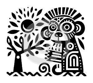 Stylized Monkey Illustration with Sun and Tree in Black and White