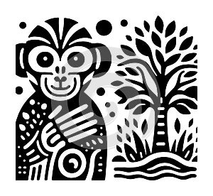 Stylized Monkey Illustration with Tropical Tree and Decorative Elements