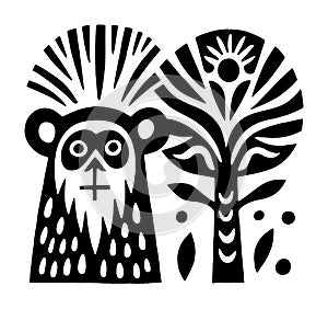 Stylized Monkey and Tree Illustration in Black and White