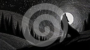 Stylized monochrome illustration of a howling wolf in a dense pine forest under a glowing full moon with starry sky