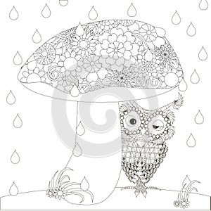 Stylized monochrome owl is hiding under mushroom from the rain