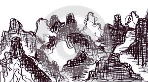 stylized mountain landscape, black and white graphic drawing