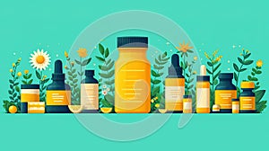 Stylized natural skincare products with botanical elements. AI Generated