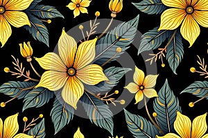Elegance pattern with ethnic flowers on black, yellow and neutral colors
