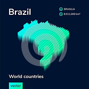 Stylized neon isometric striped vector Brazil map with 3d effect.