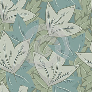 Stylized oak and maple leaf vector seamless pattern background. Pastel sage green blue overlapping hand drawn leaves in