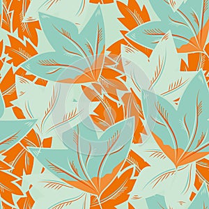 Stylized oak and maple leaf vector seamless pattern background. Tropical colour overlapping hand drawn leaves in arts