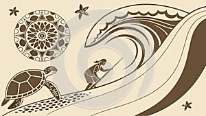 Stylized ocean wave with turtle and geometric pattern art. vector design Generative AI