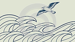 Stylized Ocean Waves with Flying Seabird, vector design Generative AI