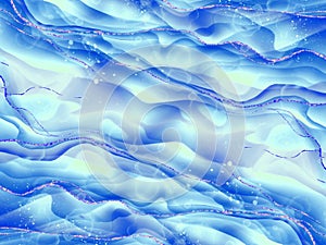 Stylized ocean waves with glitter streaks and bubbles.