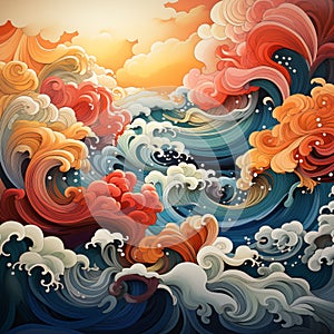 Stylized Ocean Waves at Sunset in Abstract Art