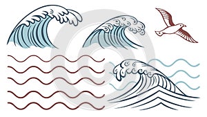 Stylized Ocean Waves, Water Movement Elements, vector design Generative AI