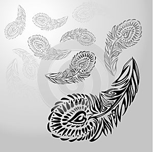 Stylized ornament texture black feathers on white-gray background, receding into distance and vanish from sight