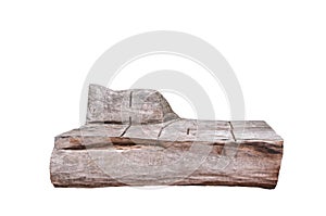 Stylized outdoor wooden bench made of old tree trunk on white isolated background