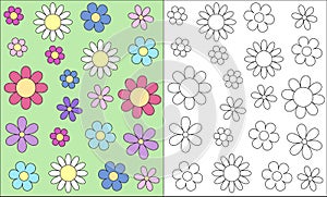 Stylized outline flower head spring child colouring book card, v