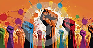 Stylized painted multicolored fists raised upward as a sign of struggle, dissent and equality