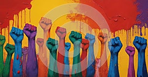 Stylized painted multicolored fists raised upward as a sign of struggle, dissent and equality