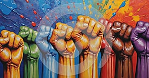 Stylized painted multicolored fists raised upward as a sign of struggle, dissent and equality