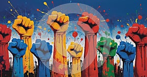 Stylized painted multicolored fists raised upward as a sign of struggle, dissent and equality