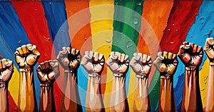 Stylized painted multicolored fists raised upward as a sign of struggle, dissent and equality