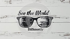 A stylized pair of glasses on a wooden texture background with the phrase See the World Differently across. The glasses