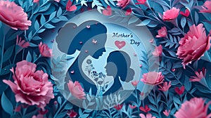 Stylized paper cut-out of a mother and child silhouetted against a heart, surrounded by a flurry of pink flowers and butterflies G