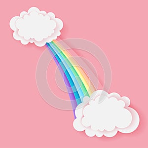 Stylized paper cutout rainbow and clouds background. Paper pastel colored rainbow. Vector art and illustration