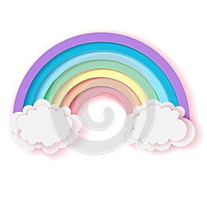 Stylized paper cutout rainbow and clouds isolated on white background. Paper pastel colored rainbow