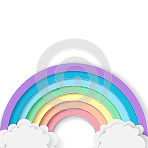 Stylized paper rainbow and clouds isolated on white background. Paper pastel colored rainbow