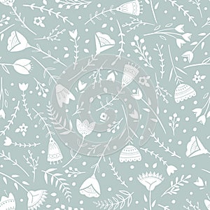 Stylized pattern, folk art, floral ornament in blue grey colors. Seamless pattern vector background for wallpaper