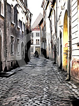 A stylized picture of the narrow street of old Tallinn