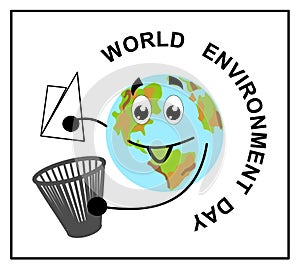 Stylized planet Earth, cartoon, flat, garbage, world environment day.