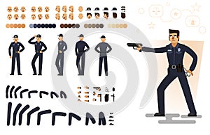 Stylized policeman, flat vector illustration. Set of different elements, emotions, gestures, body parts for character animation