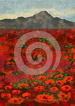 Stylized poppy flowers field in red and ivory shades. Boho Floral Poster. Abstract Background. Colorful minimalist