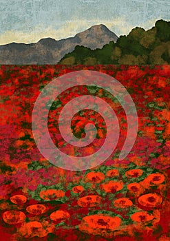 Stylized poppy flowers field in red and ivory shades. Boho Floral Poster. Abstract Background. Colorful minimalist