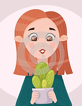 Stylized portrait of a cute young red-haired girl with a cactus. An avatar for a cactus lover. Cartoon flat illustration