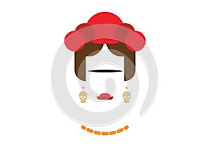 Stylized portrait of Mexican woman with earrings skulls, Frida Kahlo inspiration, Vector isolated