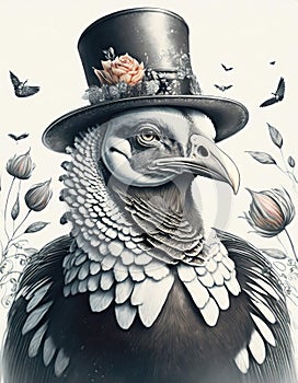 A stylized portrait of an old Turkey wearing a top hat.