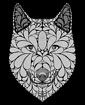 Stylized portrait of a wolf. Abstract dog head. A predatory animal. Black and white illustration. Tattoo. Print.