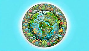 A stylized portrayal of the Earth encompassed by flora and fauna highlights the interconnectedness of ecosystems and the photo