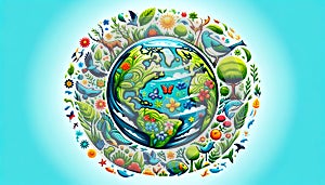 A stylized portrayal of the Earth encompassed by flora and fauna highlights the interconnectedness of ecosystems and the photo