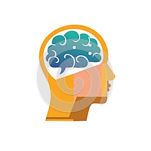 Stylized profile of a human head with a gradient brain illustration inside