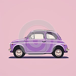 Stylized Purple Fiat Car On Pink Background - Vintage Minimalism Illustration