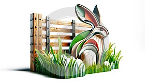 Stylized Rabbit Next to Wooden Fence in Garden
