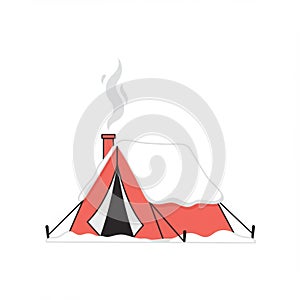 Stylized Red Camping Tent with Chimney and Snow in a Minimalist Design