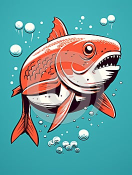 stylized red fish illustration with bubbles, and teal backdrop