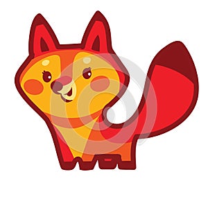Stylized red fox with small eyes and big tail, cartoon illustration, isolated object on white background, vector